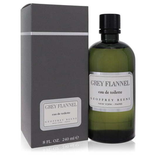 Grey Flannel by Geoffrey Beene men's 8 oz Eau De Toilette bottle, featuring grey flannel-themed packaging and branding.