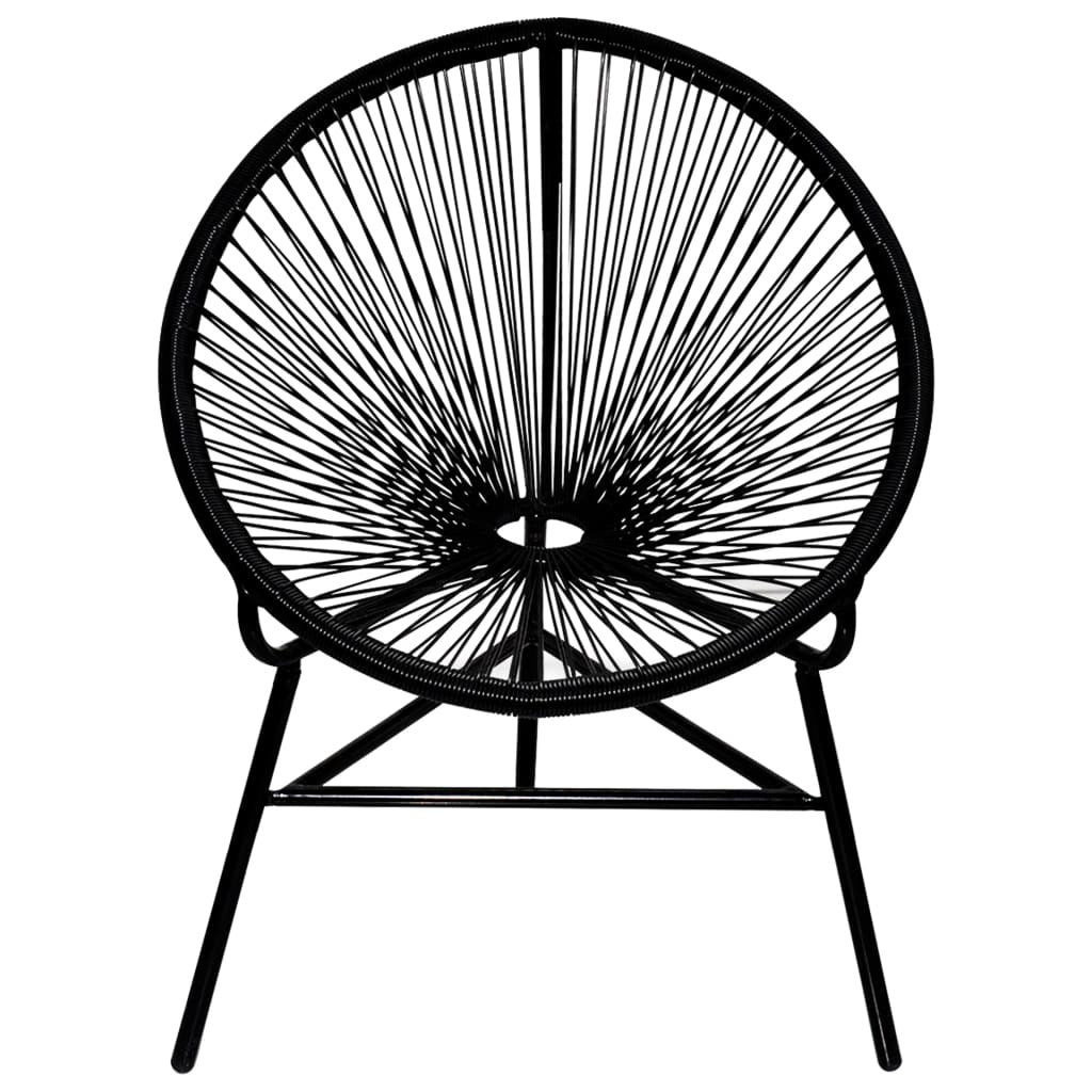 Black patio moon chair made of poly rattan, outdoor seating by American Smart, with a curved design and cushioned seat.