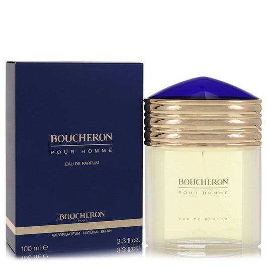 Boucheron Eau De Parfum Spray for Men, 3.4 oz bottle, elegant fragrance with a sleek design and cap.