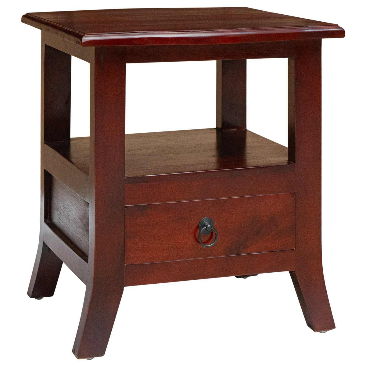 Brown American Smart bedside cabinet with drawer, measuring 15.75 x 15.75 x 17.91 inches, showing its compact design and wood finish.