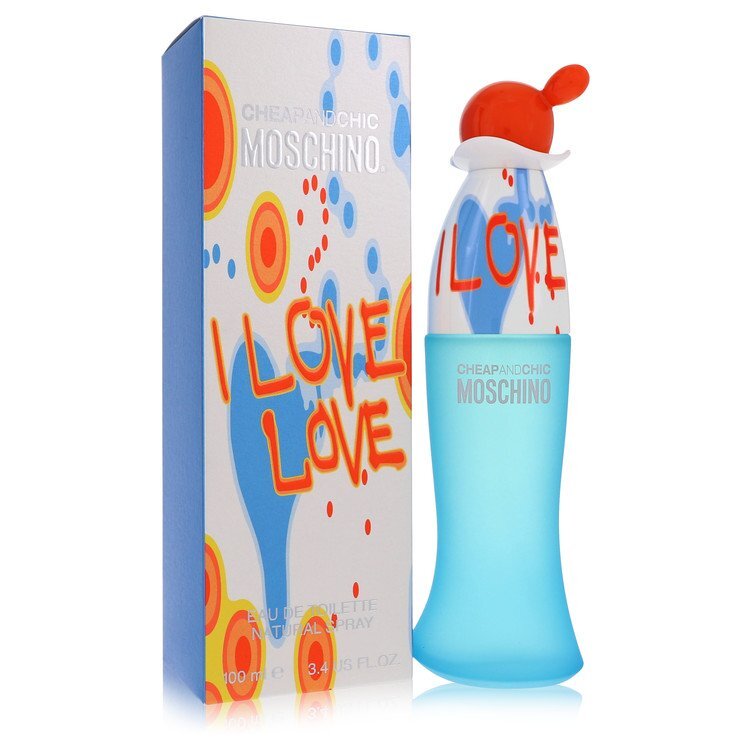 Moschino I Love Love Eau De Toilette spray for women, 3.4 oz bottle, featuring colorful packaging and floral design.