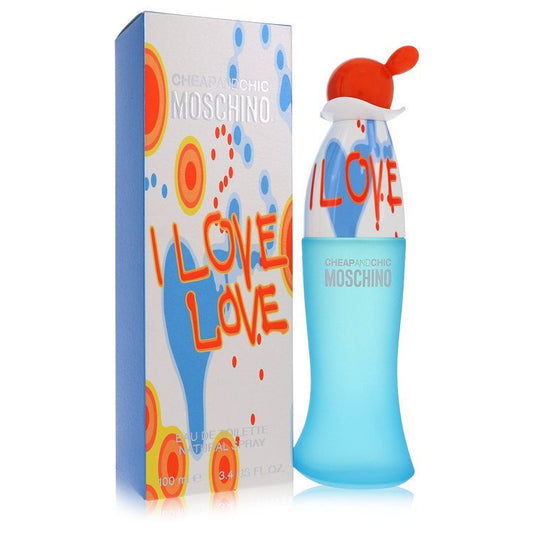 Moschino I Love Love Eau De Toilette spray for women, 3.4 oz bottle, featuring colorful packaging and floral design.