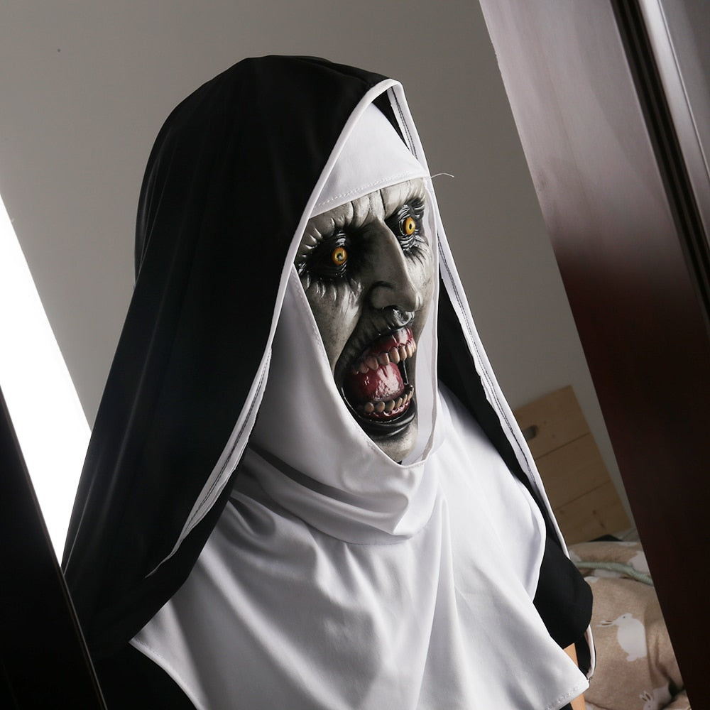 The Nun Horror Mask Cosplay Valak Scary Latex Masks with Headscarf Veil Hood Full Face Helmet Horror Costume Halloween Prop