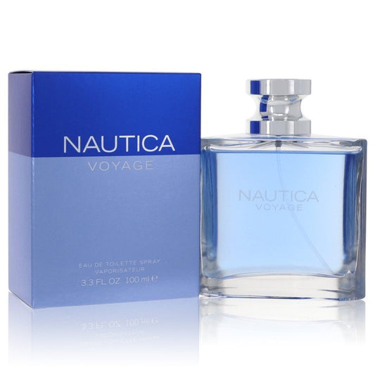 Nautica Voyage men's Eau De Toilette spray bottle, 3.4 oz, featuring Nautica branding and a sleek design.