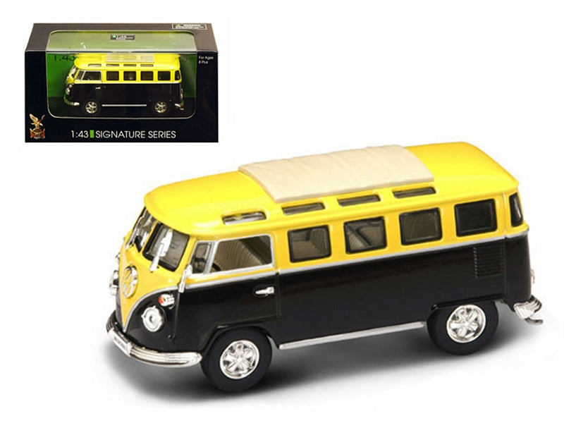 Yellow and black 1962 Volkswagen Microbus diecast model by Road Signature, detailed 1/43 scale vintage van vehicle.