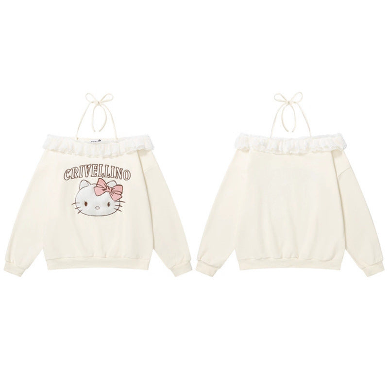 Cute Kitty Cat Off-Shoulder Hoodie for Women Tie Detail, Sweet and Edgy Casual Top