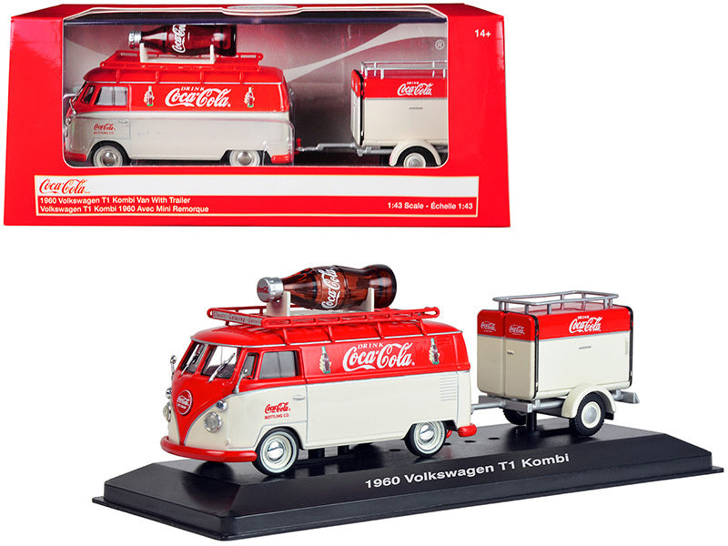 Red and cream 1/43 diecast Volkswagen T1 Kombi van with trailer, Coca-Cola themed model car by Motorcity Classics