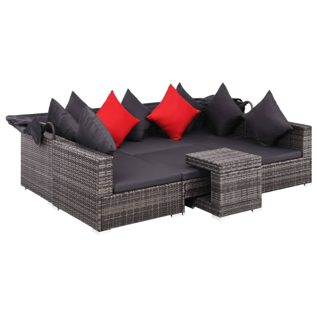 Seven-piece outdoor patio lounge set with gray cushions and poly rattan frames by American Smart, ideal for outdoor relaxation.