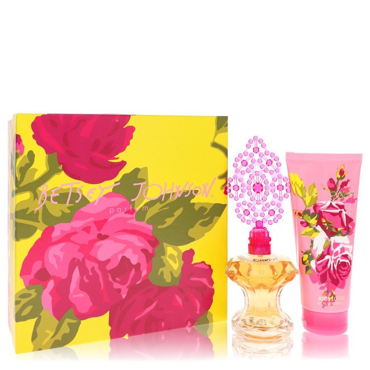 Betsey Johnson gift set with 3.4 oz Eau De Parfum spray and 6.7 oz body lotion for women, featuring floral and feminine packaging.