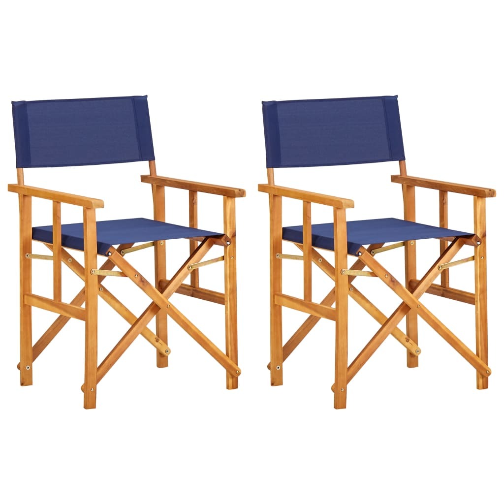 Two solid acacia wood director's chairs in blue for outdoor seating, featuring sturdy frames and comfortable design by American Smart.