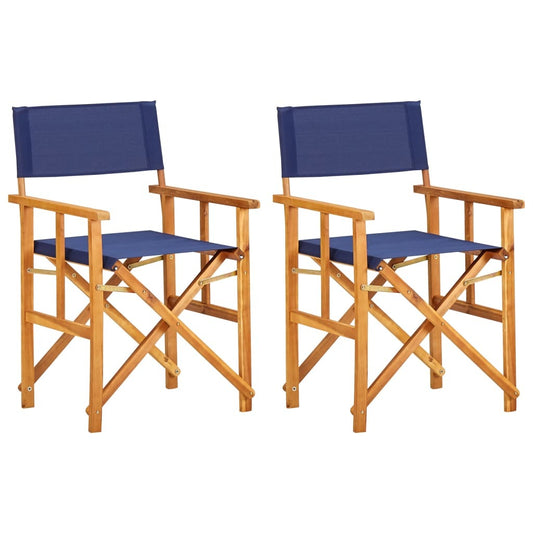 Two solid acacia wood director's chairs in blue for outdoor seating, featuring sturdy frames and comfortable design by American Smart.