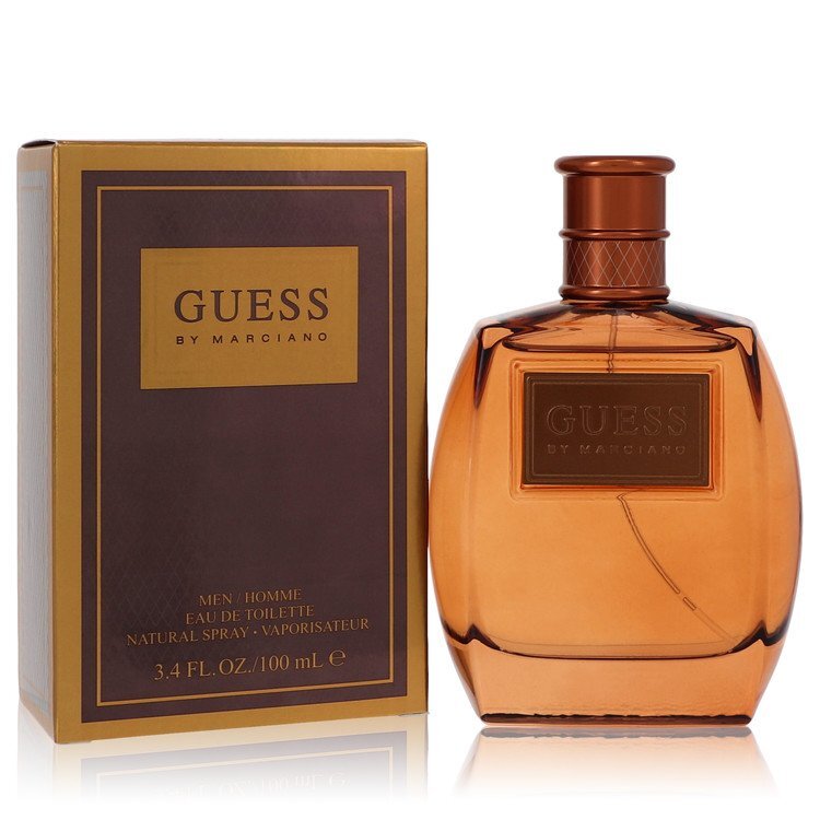 Guess Marciano men's Eau De Toilette spray bottle, 3.4 oz, with sleek Guess branding and modern packaging design.