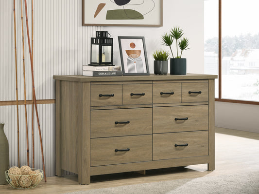 Finn 51" Coffee Gray Oak Finish Dresser with 6 Drawers and Black Handles