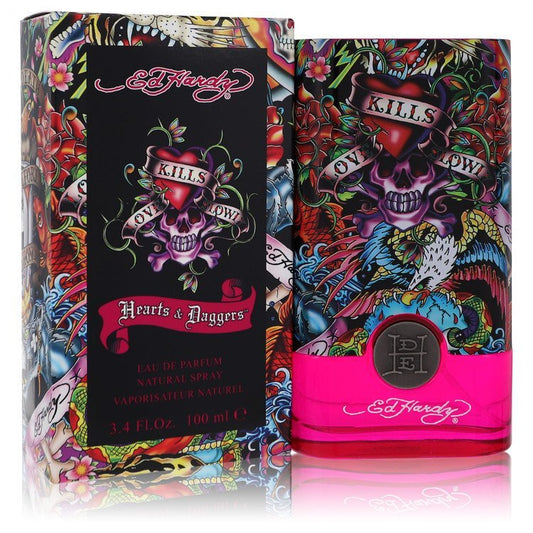 Christian Audigier Ed Hardy Hearts & Daggers perfume spray for women, 3.4 oz bottle with colorful heart and dagger design.