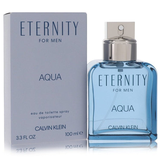 Calvin Klein Eternity Aqua men's eau de toilette spray 3.4 oz bottle, featuring a sleek design and blue fragrance liquid.