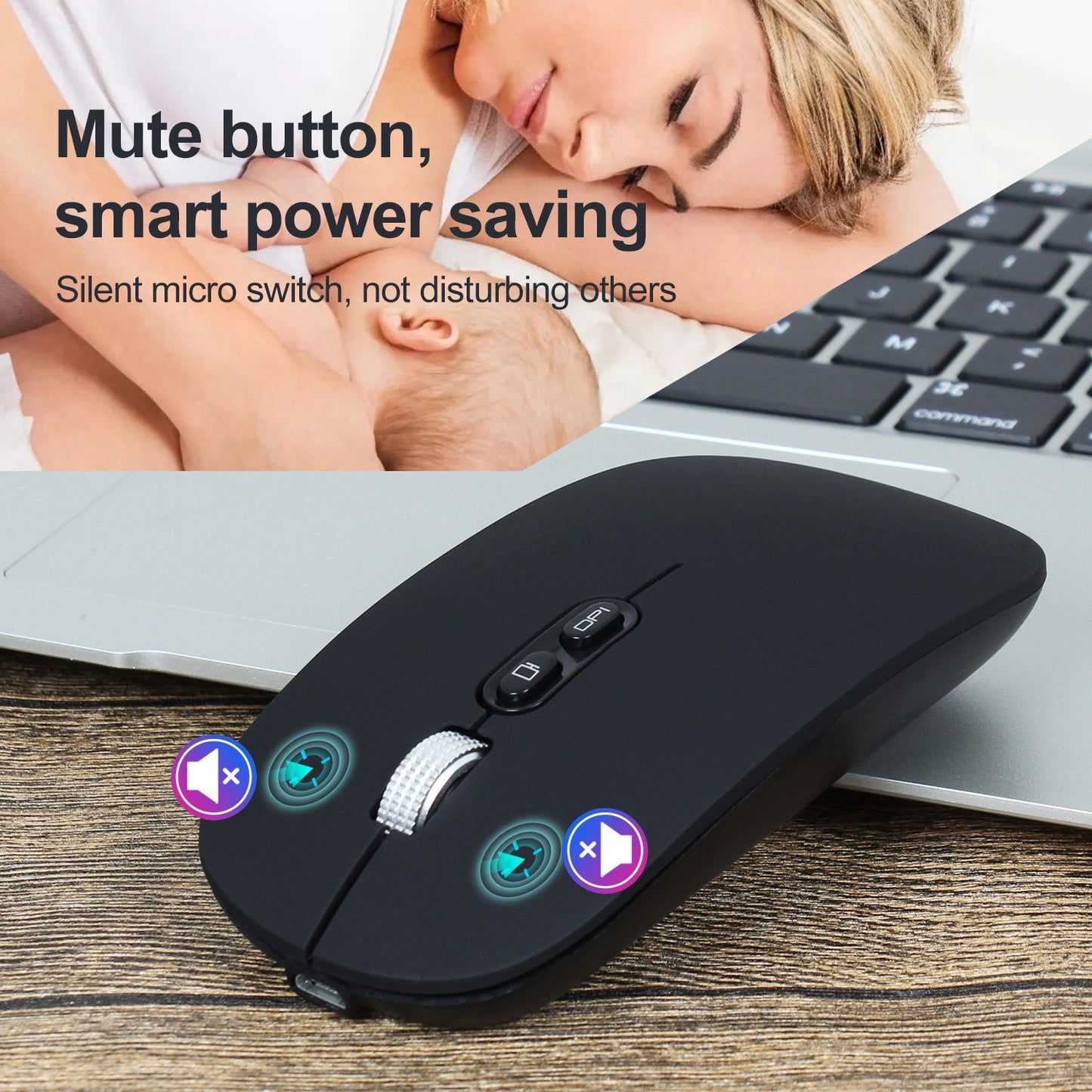 Rechargeable wireless mouse with 2.4G mute and one click return to desktop office mouse with built-in lithium battery
