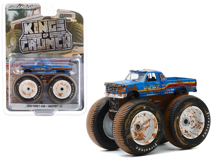 Blue 1/64 scale diecast Ford F-250 Monster Truck "Bigfoot #7" model by Greenlight from Kings of Crunch series.
