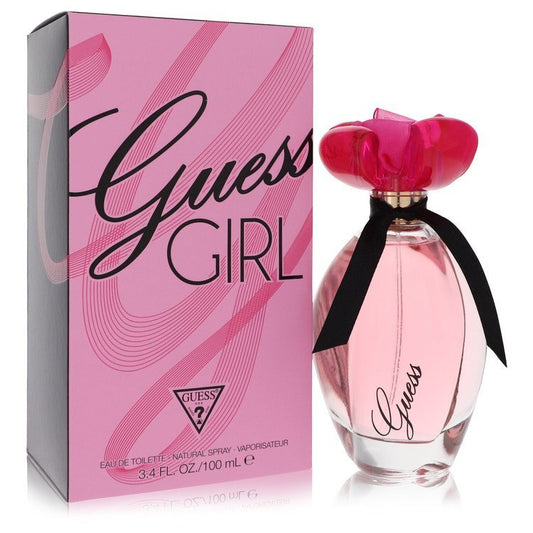 Guess Girl Eau De Toilette spray for women, 3.4 oz, featuring the Guess brand logo and elegant perfume bottle design.