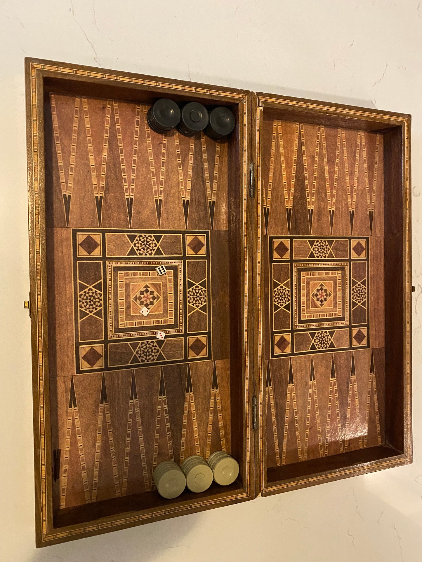 Vintage Mosaic Wooden Inlaid Marquetry Box Backgammon Set