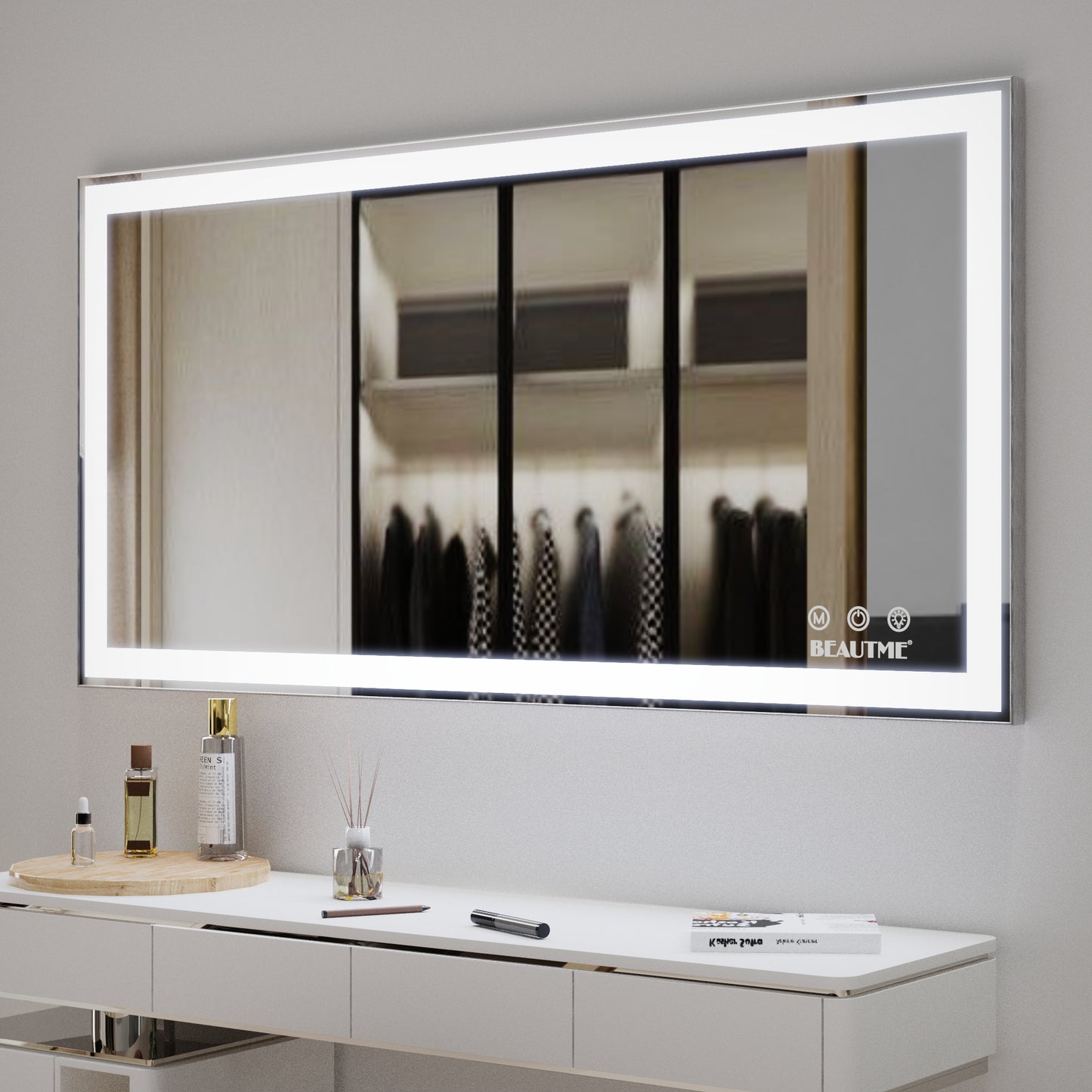 48x24 inch LED bathroom makeup mirror wall mounted adjustable light anti fog touch switch with memory intelligent large bathroom