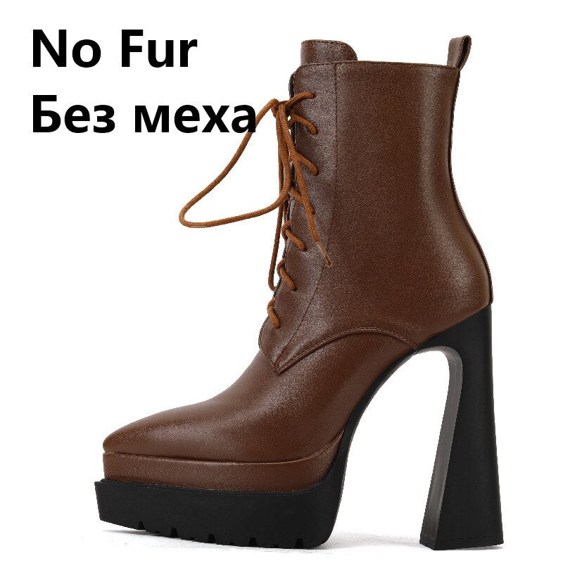 Autumn Winter Women Ankle Boots Elegant Office Ladies Party High Heels Pointed Toe Platforms Genuine Leather Shoes