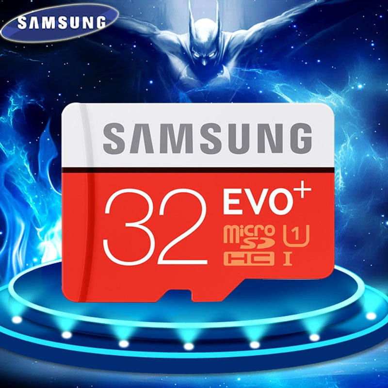 Samsung EVO+ Micro SD 32GB SDHC memory card with Class 10, UHS-I speed, ideal for smartphones, cameras, and tablets.