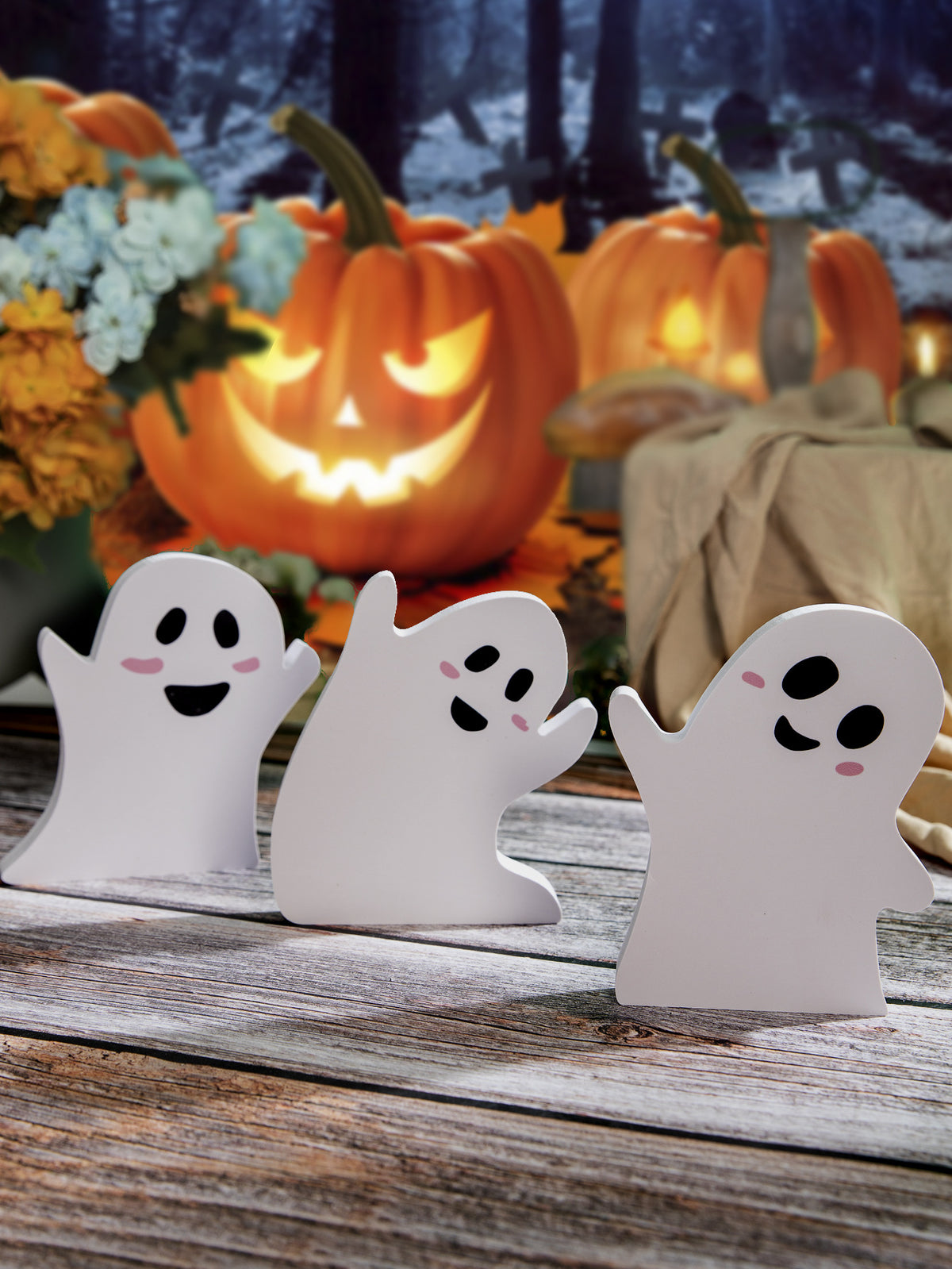 Cute Halloween ghost desktop decoration by ClaudiaG Home featuring a friendly ghost figure for spooky seasonal decor.