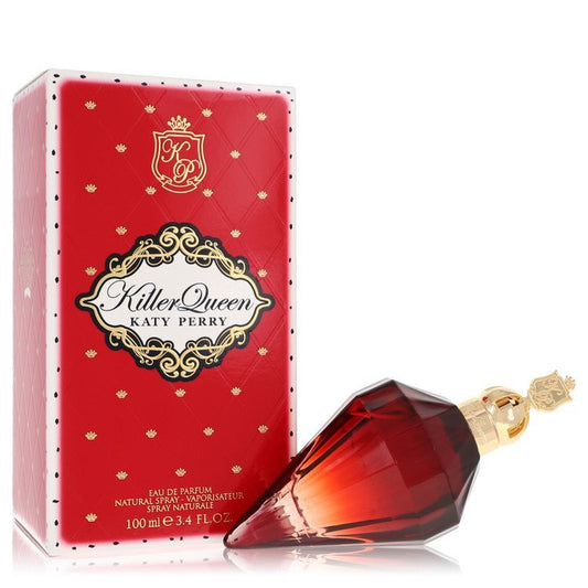 Katy Perry Killer Queen Eau De Parfum spray bottle, 3.4 oz, featuring a sleek design and floral accents.