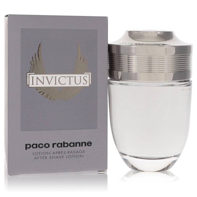 Invictus Paco Rabanne men's after shave bottle, 3.4 oz, with sleek design and branding visible in the image.