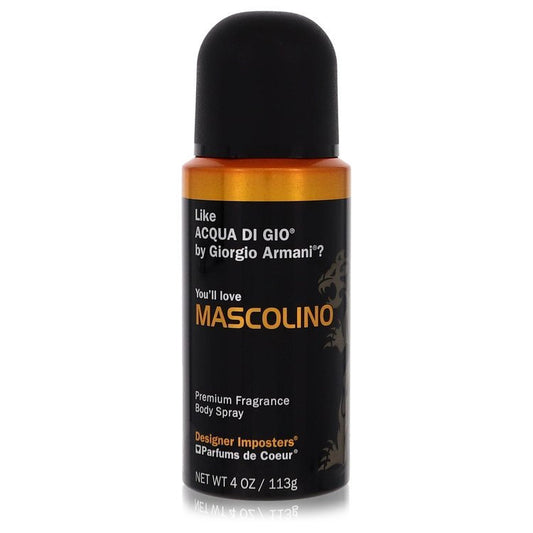 Parfums De Coeur Designer Imposters Mascolino men's 4 oz body spray with sleek black and silver bottle design.