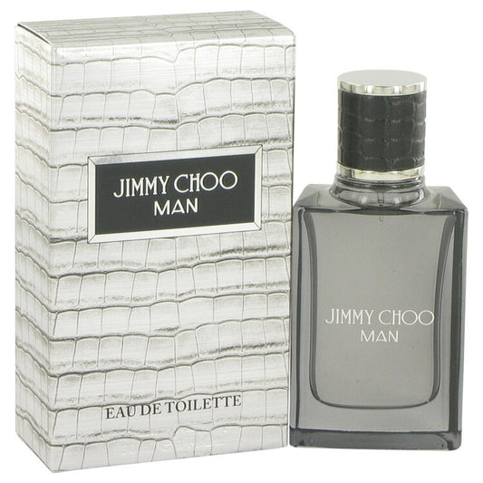 Jimmy Choo Man Eau De Toilette spray for men, 1 oz bottle, featuring sleek packaging and the Jimmy Choo branding.