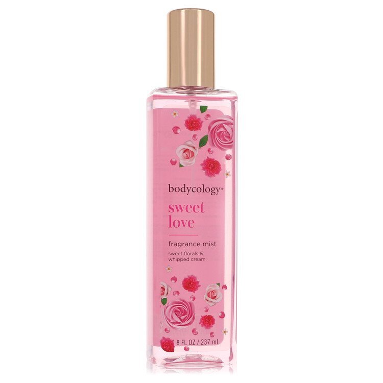 Bodycology Sweet Love fragrance mist spray for women, 8 oz bottle with floral design and a pink cap.