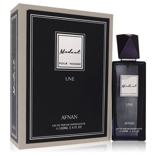 Afnan Modest Pour Homme Une Eau De Parfum spray bottle for men, featuring a sleek design and 3.4 oz size.