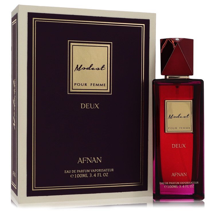 Afnan Modest Pour Femme Deux Eau De Parfum spray bottle, 3.4 oz, featuring elegant floral and fruity fragrance notes.