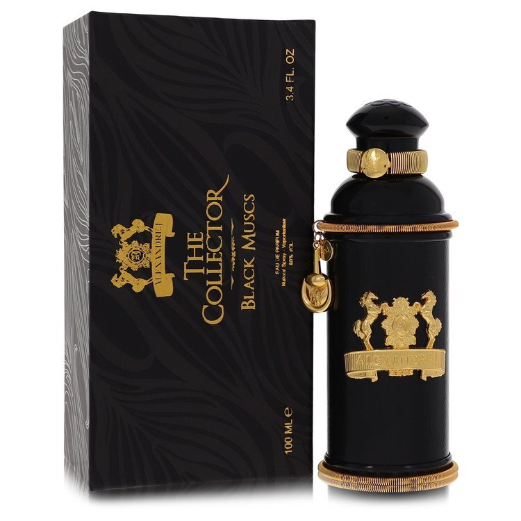 Black Muscs by Alexandre J Eau De Parfum spray in 3.4 oz bottle, featuring a sleek black design and elegant fragrance packaging.