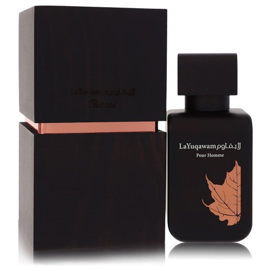 Rasasi LaYuqawam Eau De Parfum spray for men, 2.5 oz bottle, featuring elegant packaging and the fragrance bottle.