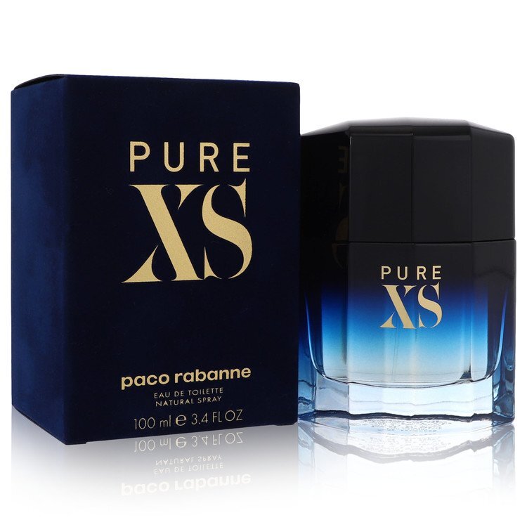 Paco Rabanne Pure XS men's Eau De Toilette spray bottle, 3.4 oz, with sleek packaging and branding visible in the image.