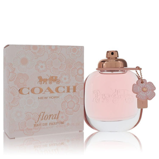 Coach Floral Eau De Parfum spray for women, 3 oz, featuring floral-themed packaging with a sleek glass bottle and elegant design.