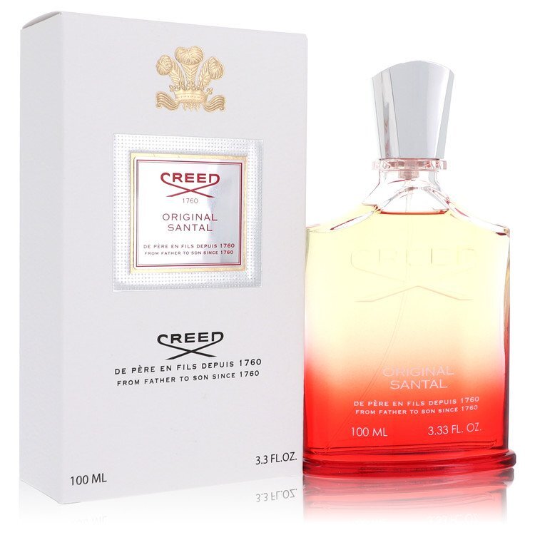 Creed Original Santal Eau De Parfum spray bottle, 3.3 oz, for men, with a sleek, elegant design and fragrance label visible