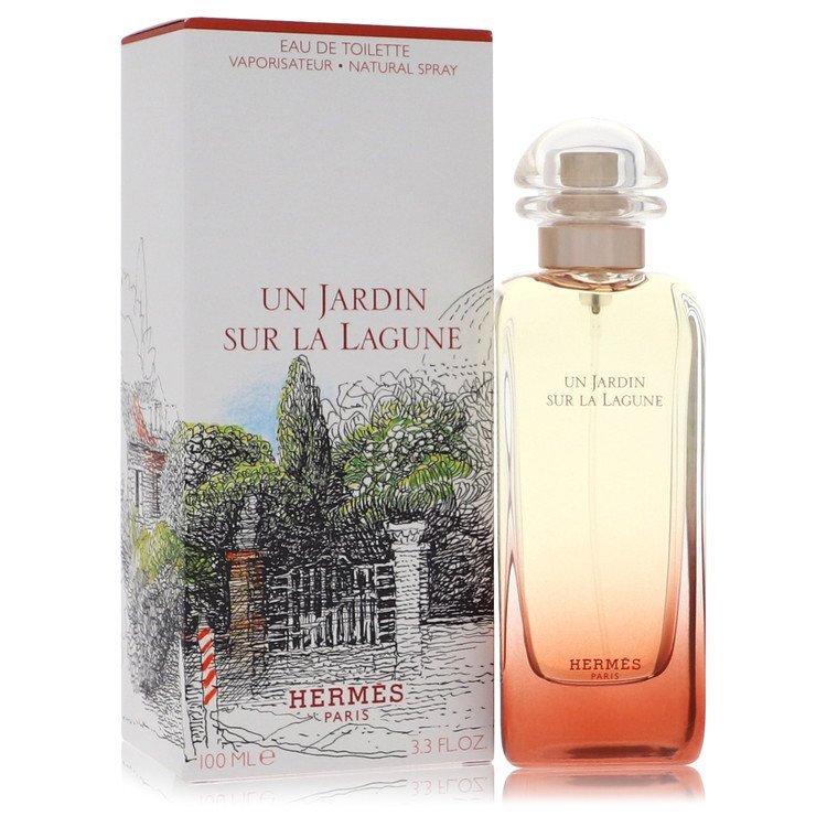 Hermes Un Jardin Sur La Lagune Eau de Toilette spray for women, 3.3 oz, showing the fragrance bottle and packaging.