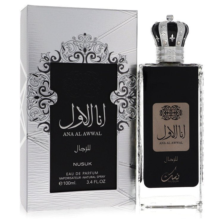 Nusuk Ana Al Awwal Eau De Parfum spray for men, 3.4 oz bottle with elegant design and branding on the label.
