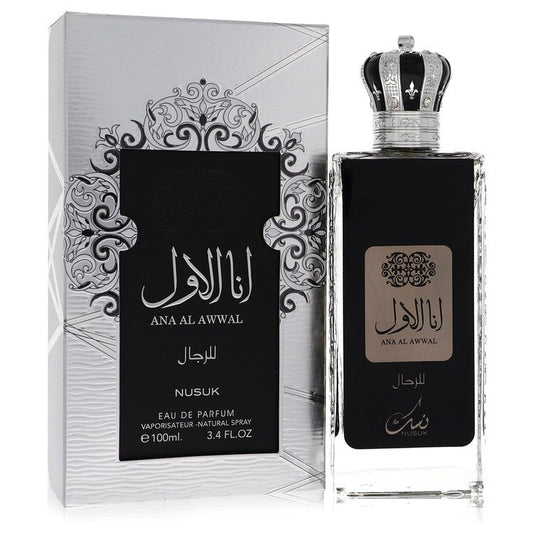 Nusuk Ana Al Awwal Eau De Parfum spray for men, 3.4 oz bottle with elegant design and branding on the label.