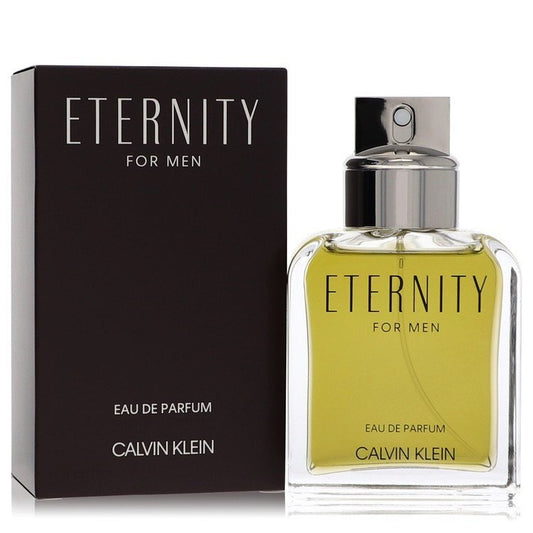 Calvin Klein Eternity Eau De Parfum spray for men, 3.3 oz bottle, with a sleek modern design and fragrance details.