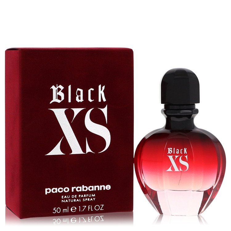 Black XS by Paco Rabanne Eau de Parfum spray for women, 1.7 oz, new packaging with sleek black bottle and gold accents.