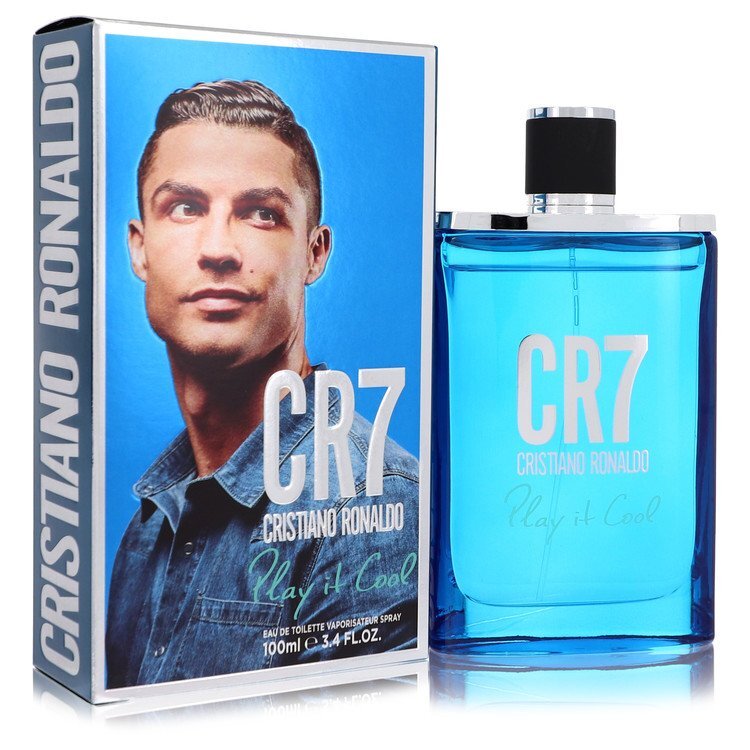 Cristiano Ronaldo CR7 Play It Cool men's eau de toilette spray 3.4 oz, featuring a sleek bottle design.