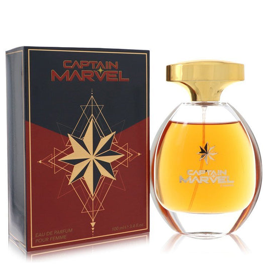 Captain Marvel Marvel Eau de Parfum spray for women, 3.4 oz, featuring a vibrant bottle design inspired by Marvel's superhero character.