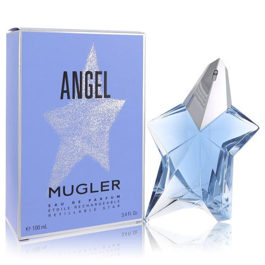 Angel by Thierry Mugler Standing Star Eau De Parfum spray bottle, refillable 3.4 oz, elegant design for women.