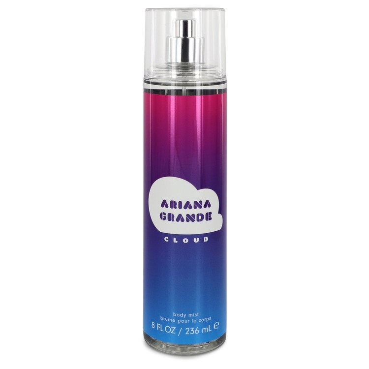 Ariana Grande Cloud body mist for women, 8 oz bottle with floral and gourmand scent, featuring a sleek transparent design.