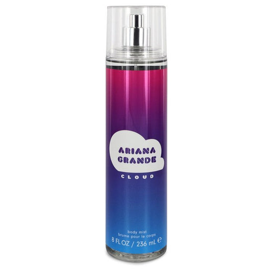 Ariana Grande Cloud body mist for women, 8 oz bottle with floral and gourmand scent, featuring a sleek transparent design.