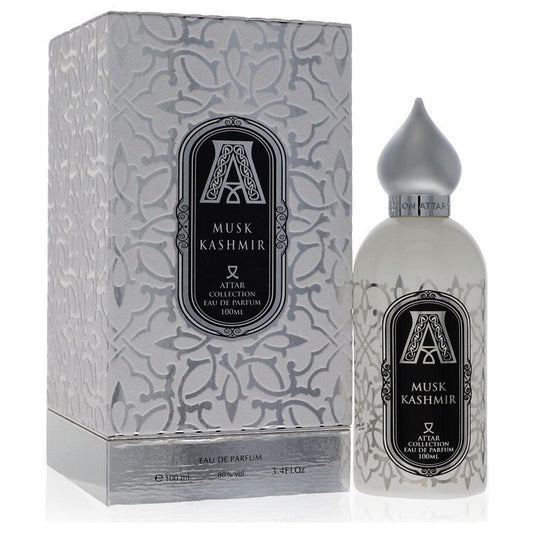 Attar Collection Musk Kashmir unisex Eau De Parfum spray bottle, 3.4 oz, featuring elegant packaging and a luxurious scent.